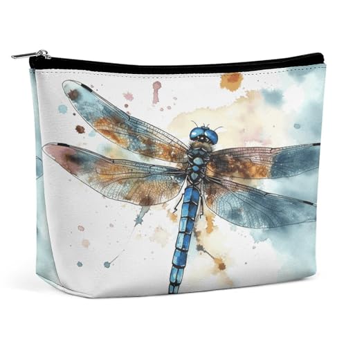 TKJMCSW Wasserfarben-Kosmetiktasche mit Libellen-Motiv für Damen und Herren, wasserdicht, Reise-Kulturbeutel, große Kapazität, Make-up-Tasche, PU-Leder, niedliche Make-up-Tasche, tragbare Reisetasche von TKJMCSW