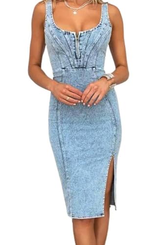 Damen Jeanskleid, ärmellos, Seitenschlitz, figurbetont, Midi-Jeans, U-Ausschnitt, Blau, Mittel Damen Jeanskleid, ärmellos, Seitenschlitz, figurbetont, Midi-Jeans, U-Ausschnitt, Blau, Mittel von TKMUNY