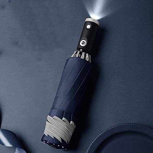 12 Rippen LED-Beleuchtung Winddichter, automatisch klappbarer, umgekehrter Regenschirm mit reflektierendem Sicherheitsstreifen, One Click Open & Close (Blau) von TKSTYLE
