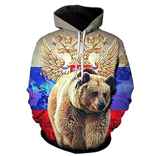 Unisex Druck Kapuzenpullover Retro Bär 3D Druck Männer Hoodie Russische Flagge Sweatshirt Kinder Langarm Pullover Casual Langarm Oversize Sweatshirt Loose Fit Kapuzenjacke mit Großer Tasche-L von TKWNB