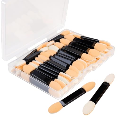 50 Stück Einweg-Lidschatten-Schwamm-Applikatoren mit Behälter, Make-up-Applikator-Sticks, Lidschatten-Pinsel, doppelseitiger Lidschattenschwamm für Damen, Kosmetik-Werkzeug (schwarz) von TKYPZY