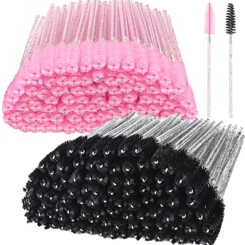 Einweg-Mascara-Stäbe, Wimpernspulen, Kristall-Augenbrauenspulen, Pinsel, Wimpernapplikator, Werkzeugspulen für Augenbrauen, für Wimpernverlängerung, Augenbrauen, Kosmetik (schwarz und pink), 200 Stück von TKYZMS