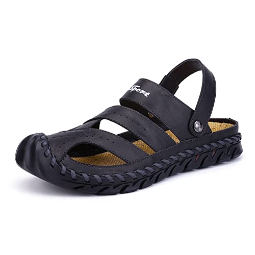 TKer Herren leder Geschlossene Sandalen, Herrensandalen mit Verstellbarem Fersenriemen, Outdoor Sommer Rutschfeste Strandsandalen(Size:43 EU,Color:Schwarz) von TKer