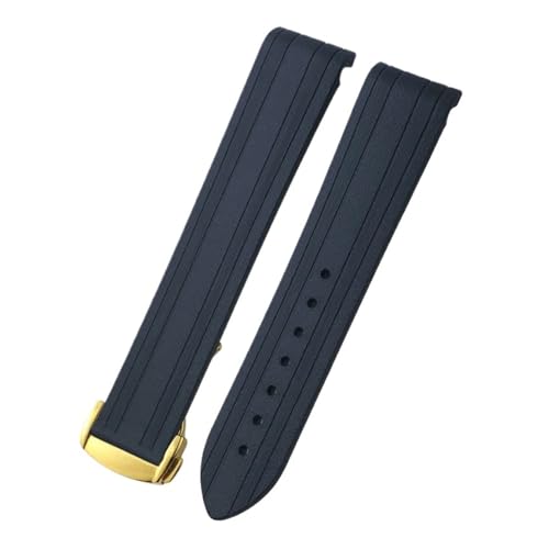 TLCBAZCF 18 mm 19 mm 20 mm Uhrenarmband aus Gummi und Silikon mit gebogenem Ende, kompatibel mit Omega Seamaster 300 Speedmaster AT150 Uhrenarmband, Faltschließe(Black-Gold round,20mm) von TLCBAZCF