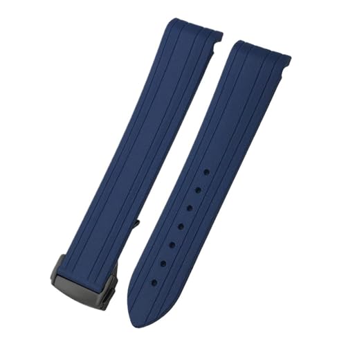 TLCBAZCF 18 mm 19 mm 20 mm Uhrenarmband aus Gummi und Silikon mit gebogenem Ende, kompatibel mit Omega Seamaster 300 Speedmaster AT150 Uhrenarmband, Faltschließe(Blue-Black round,19mm) von TLCBAZCF