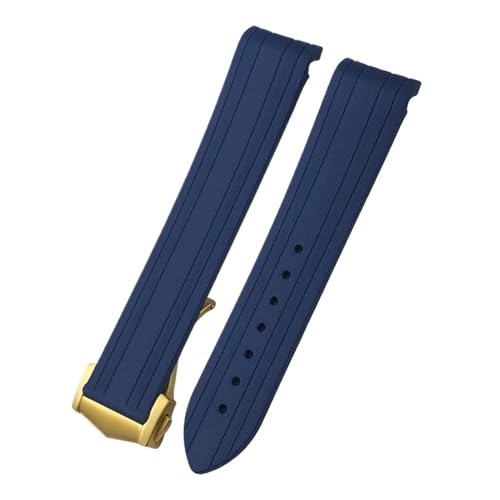 TLCBAZCF 18 mm 19 mm 20 mm Uhrenarmband aus Gummi und Silikon mit gebogenem Ende, kompatibel mit Omega Seamaster 300 Speedmaster AT150 Uhrenarmband, Faltschließe(Blue-Gold pointed,18mm) von TLCBAZCF