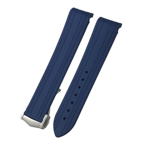 TLCBAZCF 18 mm 19 mm 20 mm Uhrenarmband aus Gummi und Silikon mit gebogenem Ende, kompatibel mit Omega Seamaster 300 Speedmaster AT150 Uhrenarmband, Faltschließe(Blue-Silver pointed,20mm) von TLCBAZCF