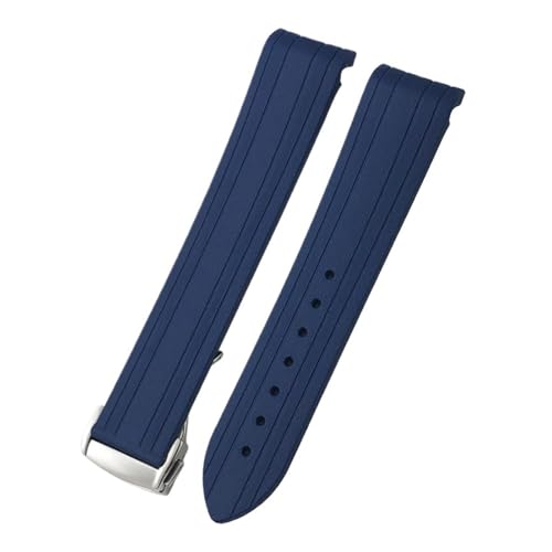 TLCBAZCF 18 mm 19 mm 20 mm Uhrenarmband aus Gummi und Silikon mit gebogenem Ende, kompatibel mit Omega Seamaster 300 Speedmaster AT150 Uhrenarmband, Faltschließe(Blue-Silver round,18mm) von TLCBAZCF