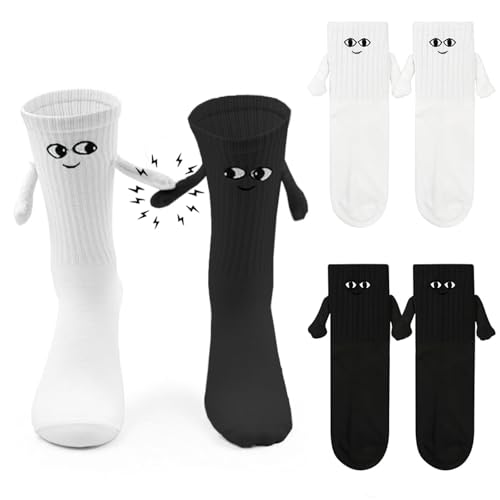 2 Paar Magnetische Socken mit Händen 36-43 Lustige Socken Damen Herren Hand in Hand Magnet Socken Kleine Lustige Geschenke für Frauen Männer Freunde Familie Partner Paar Kinder Party (Schwarz + Weiß) von TLDNZXY