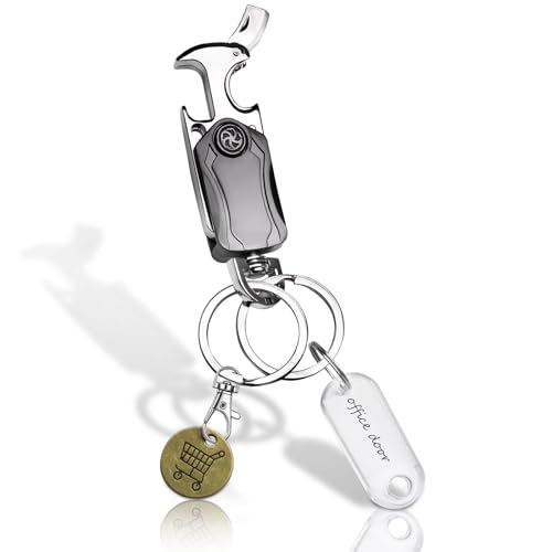 TLDNZXY Schlüsselanhänger Karabiner, 7-in-1 Flaschenöffner Schlüsselanhänger, 3-er Set Schlüsselanhänger Auto, Schlüsselanhänger Mann mit Einkaufschip & Beschriftbar Etikett, Geschenke für Männer von TLDNZXY
