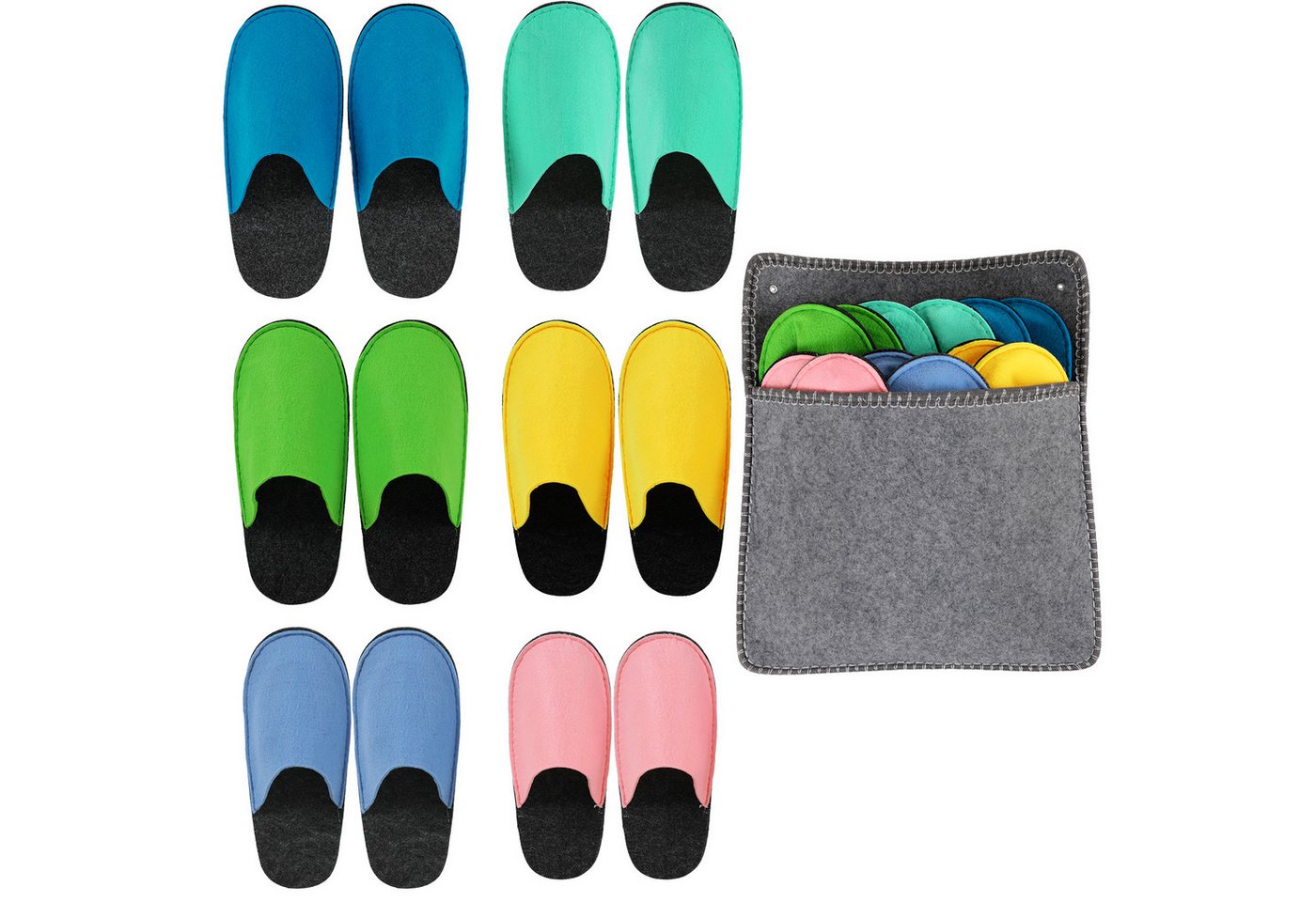 TLGREEN Filzpantoffeln Set 6 Stück mit Aufbewahrungstasche Plüsch Hausschuhe (Gästepantoffeln aus Filz, Rutschfeste Sohle, Hausschuhe für Damen & Herren, Größe 32-46) Ideal für Hotel, Wellness, Zuhause von TLGREEN