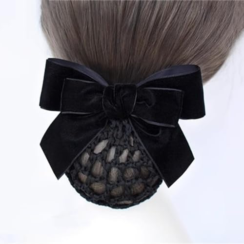Haarnetz mit Schleife und Haarspange Haarnetz for Krankenschwestern mit Samtkopf und Blumenmotiv for Damen für Banken Hotels Restaurant Mitarbeiter(Black) von TLMDXTEU