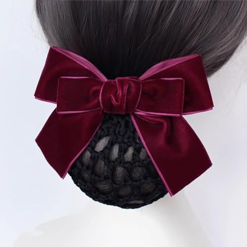 Haarnetz mit Schleife und Haarspange Haarnetz for Krankenschwestern mit Samtkopf und Blumenmotiv for Damen für Banken Hotels Restaurant Mitarbeiter(rot) von TLMDXTEU