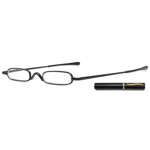 TLTLT Lesebrille, Mini-Kompakt-Lesebrille, schmale Stift-Lesebrille mit tragbarem Clip-Etui, Metallrahmen, Federscharniere, modische Taschenlesebrille for Männer und Frauen(Black,1.5 x) von TLTLT