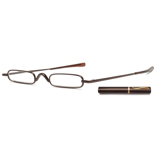 TLTLT Lesebrille, Mini-Kompakt-Lesebrille, schmale Stift-Lesebrille mit tragbarem Clip-Etui, Metallrahmen, Federscharniere, modische Taschenlesebrille for Männer und Frauen(Brown,1.5 x) von TLTLT