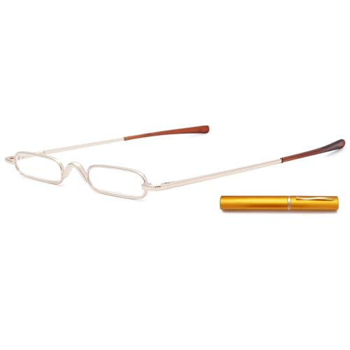 TLTLT Lesebrille, Mini-Kompakt-Lesebrille, schmale Stift-Lesebrille mit tragbarem Clip-Etui, Metallrahmen, Federscharniere, modische Taschenlesebrille for Männer und Frauen(Gold,1.5 x) von TLTLT
