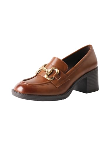Damen Leder Chunky Platform Loafers für Frauen Klassische Mittelheels Bequemes Rutschen auf Arbeit Oxford Schuhe modisch und bequem（Kamelfarbe，37） von TMA EYES