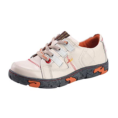 TMA EYES Damen Echtleder Schnürschuhe Flache Freizeitschuhe Outdoor Schuhe mit Rutschfester Sohle für breite Füße, weiß, 41.5 EU von TMA EYES