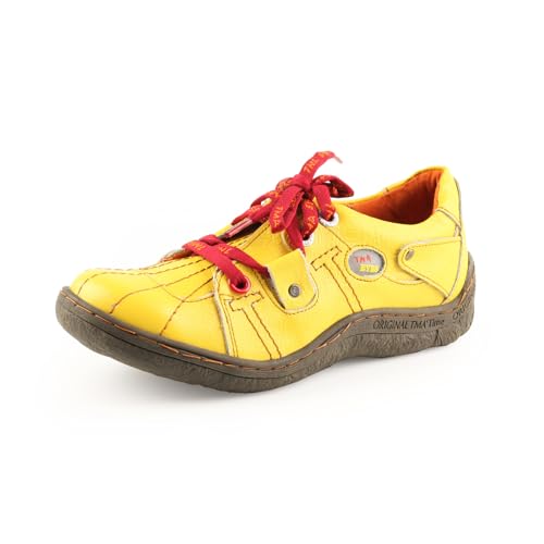TMA EYES Damen Handgenähter Faden Echtes Leder Flache Breite Zehen Sport Freizeitschuhe, gelb, 40 EU von TMA EYES