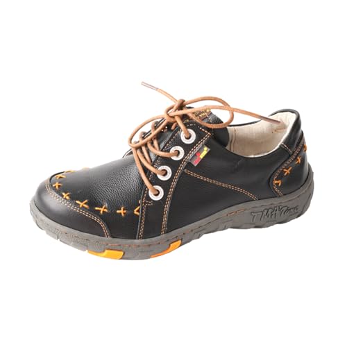 TMA EYES Damen Leder Schnürschuhe Leder Schuhe Flats Bequem mit handgenähtem Design, Schwarz, 41 EU von TMA EYES