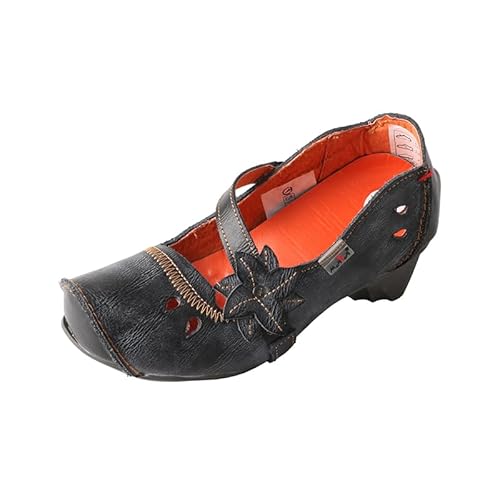 TMA EYES Damen Leder Weiche Sohle Komfort Niedriger Absatz Freizeitschuhe mit Fischmaul Design, Schwarz, 39 EU von TMA EYES