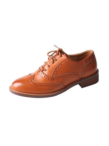TMA EYES Damen Oxford Schuhe Schnürung-Up Runde Zehe Leder Flache rutschfeste Klassische Business Dressy Büro Arbeit Damenschuhe（Karamell，41） von TMA EYES