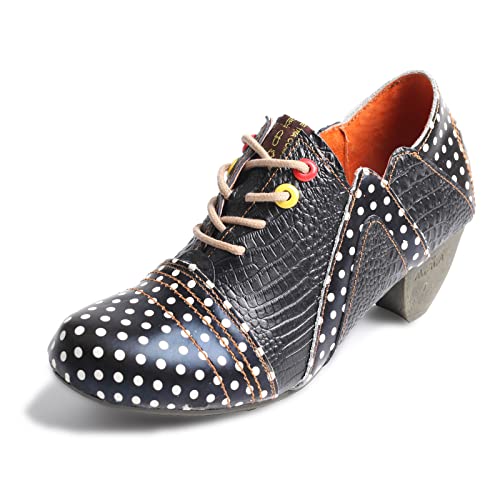TMA EYES Damen Retro Polka Dot Leder Booties Low Heel Lace Up Damen Stiefeletten, schwarz, 37 EU von TMA EYES