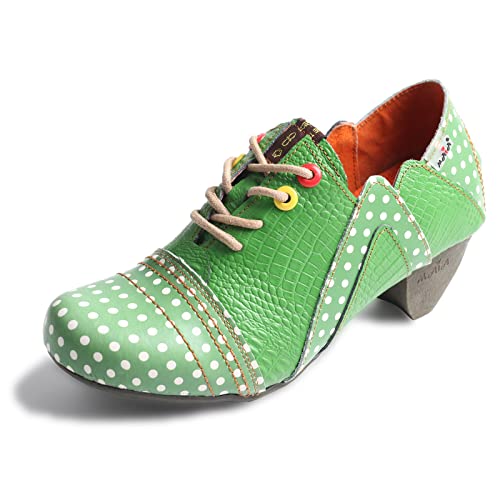 TMA EYES Damen Retro Polka Dot Leder Booties Niedriger Absatz Schnürschuh Damen Stiefeletten, Grün , 38.5 EU von TMA EYES