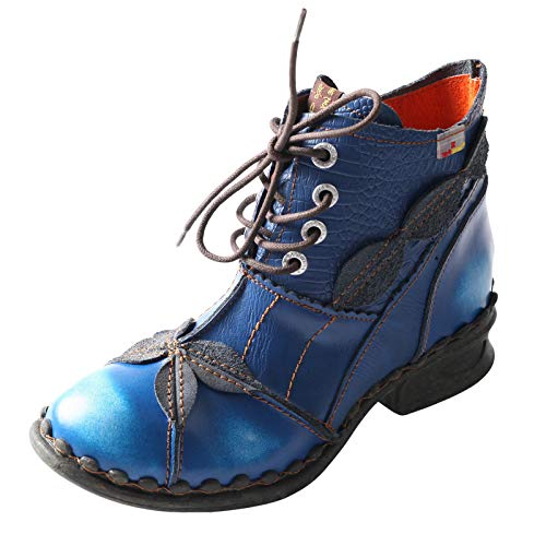 TMA EYES Damen Stiefeletten Niedriger Absatz Schnürung Seitlicher Reißverschluss Mode Leder Booties, Blau, 38.5 EU von TMA EYES