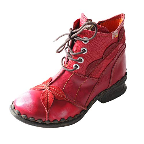 TMA EYES Damen Stiefeletten Niedriger Absatz Schnürung Seitlicher Reißverschluss Mode Leder Booties, Rot/Ausflug, einfarbig (Getaway Solids), 37 EU von TMA EYES