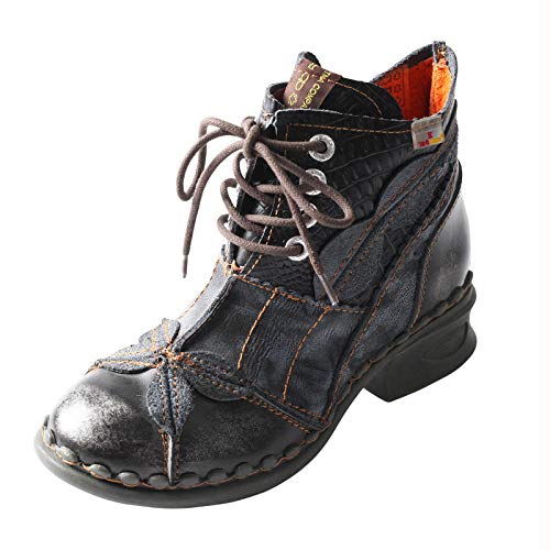 TMA EYES Damen Stiefeletten Niedriger Absatz Schnürung Seitlicher Reißverschluss Mode Leder Booties, Schwarz, 39 EU von TMA EYES