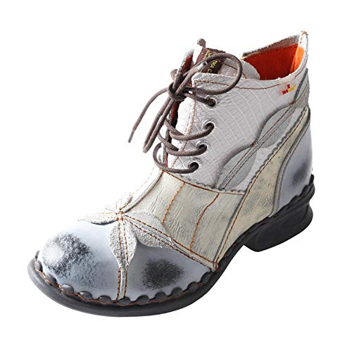 TMA EYES Damen Stiefeletten Niedriger Absatz Schnürung Seitlicher Reißverschluss Mode Leder Booties, Weiss/opulenter Garten, 37 EU von TMA EYES