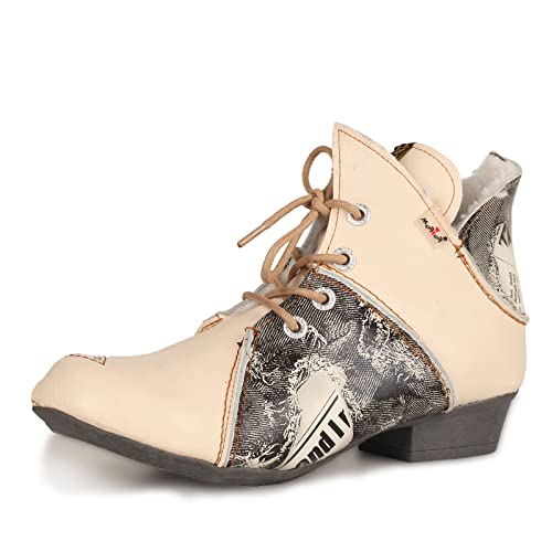 TMA EYES Damen Stiefeletten V Ausschnitt Patchwork Booties Niedriger Absatz Schnürstiefel, Weiß, 40.5 EU von TMA EYES
