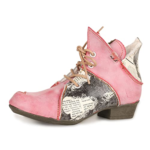 TMA EYES Damen Stiefeletten V Ausschnitt Patchwork Booties Niedriger Absatz Schnürstiefel, rot, 37.5 EU von TMA EYES