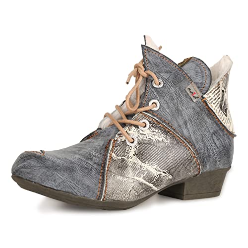 TMA EYES Damen Stiefeletten V Cutout Patchwork Stiefel Niedriger Absatz Schnürstiefel, schwarz, 41 EU von TMA EYES