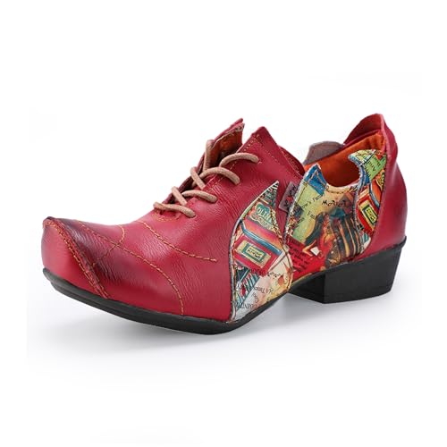 TMA EYES Damen Unregelmäßige Floral Leder Patchwork Peep Toe Schnürschuhe Distressed Low Heel Schuhe, Rot/Ausflug, einfarbig (Getaway Solids), 38 EU von TMA EYES