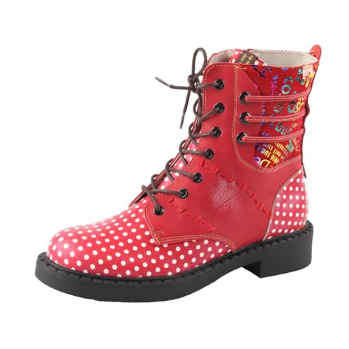 TMA EYES Damen modische Polka Dot Retro Schnürstiefel mit seitlichem Reißverschluss(Rot,38) von TMA EYES