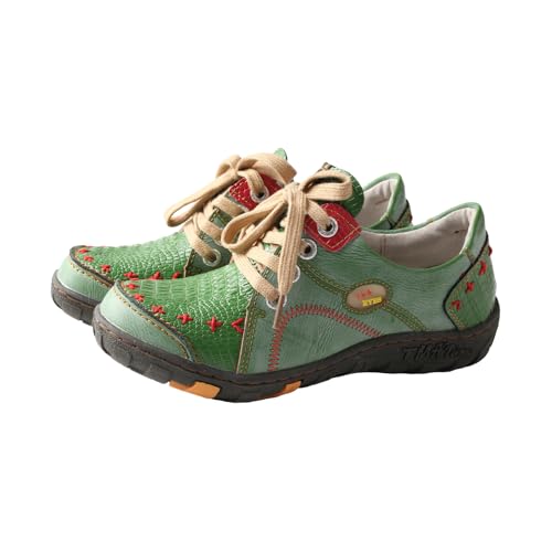 TMA EYES Modischer Retro Schnürschuh für Damen mit handgenähtem Design（Grün,41 von TMA EYES