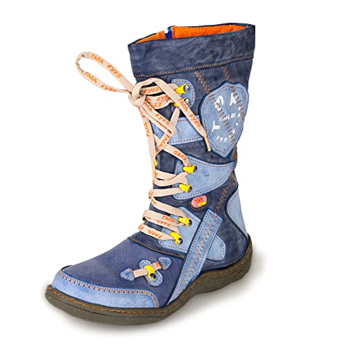 TMA EYES Patchwork Stitch-Detail PU Leder Halbschaft Damen Stiefel, blau, 40 EU von TMA EYES