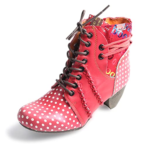 TMA EYES Polka Dot Leder Damen Stiefel mit Mokassin Handsteppung, rot, 40 EU von TMA EYES