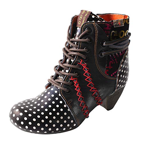 TMA EYES Polka Dot Leder Frauen Stiefel mit Mokassin Handnaht, Schwarz, 37.5 EU von TMA EYES