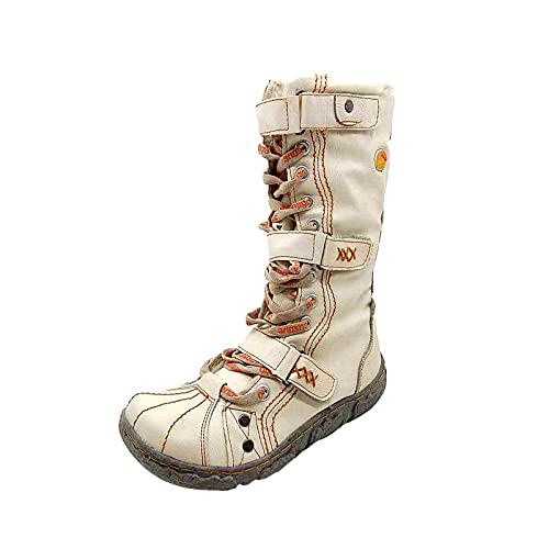 TMA EYES Strape-Accent gewaschenes PU-Leder flache Damenstiefel mit Übergröße, Weiß, 38.5 EU von TMA EYES