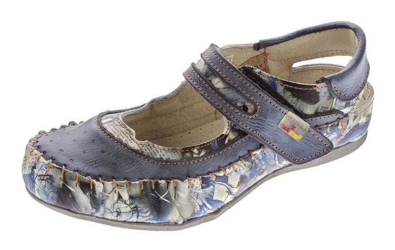 TMA Damen Leder Ballerinas Schuhe Sandalen TMA 5068 Sandale Used Look, Zeitungsdruck, Muster variieren von TMA