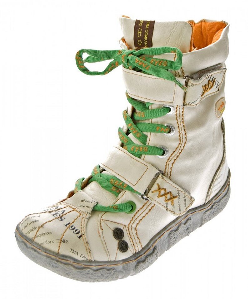TMA Winter Stiefelette TMA 7087-N Leder Schuhe Stiefel Stiefelette Gefüttert, Antik bzw. Used Look, Zeitungsdruck, Klettverschlüsse von TMA