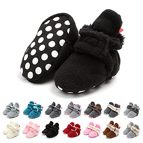 TMEOG Unisex-Baby Neugeborenes Fleece Booties Bio Baumwoll-Futter und rutschfeste Greifer Winterschuhe (A_Schwarz, 0_Months) von TMEOG