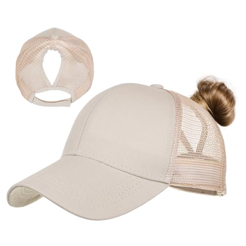 TMEOG Baseball Cap Damen Basecap Frauen Kappe mit Netz Pferdeschwanz Cap mit Loch für Zopf Baseballkappe Sommer Cappy Unifarben Sportkappe Atmungsaktiv(Khaki) von TMEOG