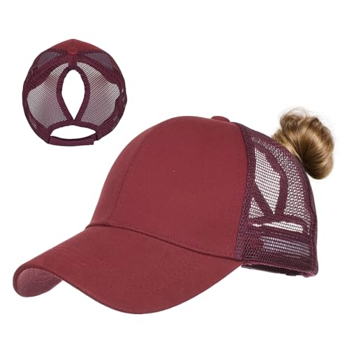 TMEOG Baseball Cap Damen Basecap Frauen Kappe mit Netz Pferdeschwanz Cap mit Loch für Zopf Baseballkappe Sommer Cappy Unifarben Sportkappe Atmungsaktiv(Rot) von TMEOG