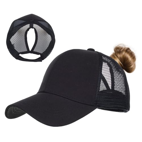 TMEOG Baseball Cap Damen Basecap Frauen Kappe mit Netz Pferdeschwanz Cap mit Loch für Zopf Baseballkappe Sommer Cappy Unifarben Sportkappe Atmungsaktiv(Schwarz) von TMEOG