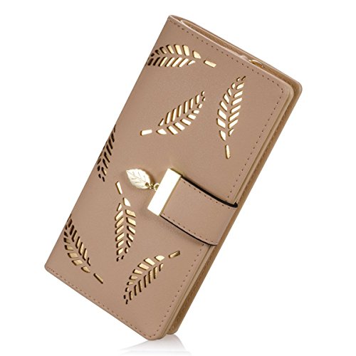 Damen Süß Leder Geldbörse, TMEOG Damen Blatt Bifold Brieftasche Leder Hollow Card Holder Geldbörse Clutch Handtasche (L_Beige) von TMEOG