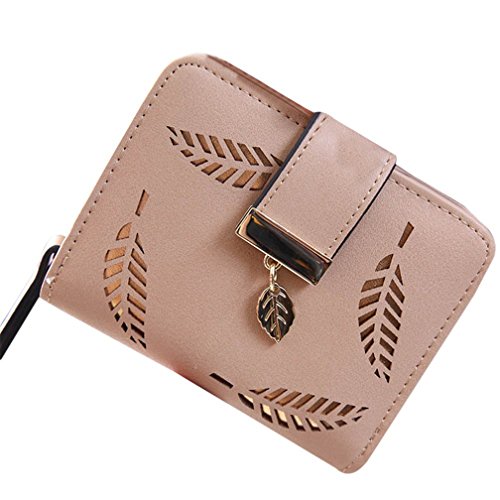 Damen Süß Leder Geldbörse, TMEOG Damen Blatt Bifold Brieftasche Leder Hollow Card Holder Geldbörse Clutch Handtasche (S_Beige) von TMEOG